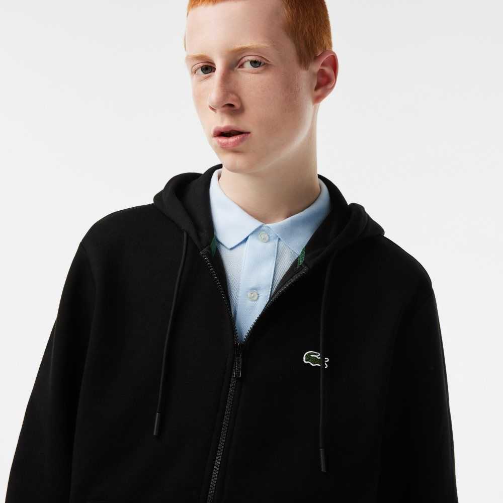 Black Lacoste Kangaroo Pocket Fleece Zipped Sweatshirt | LSQTFB-019