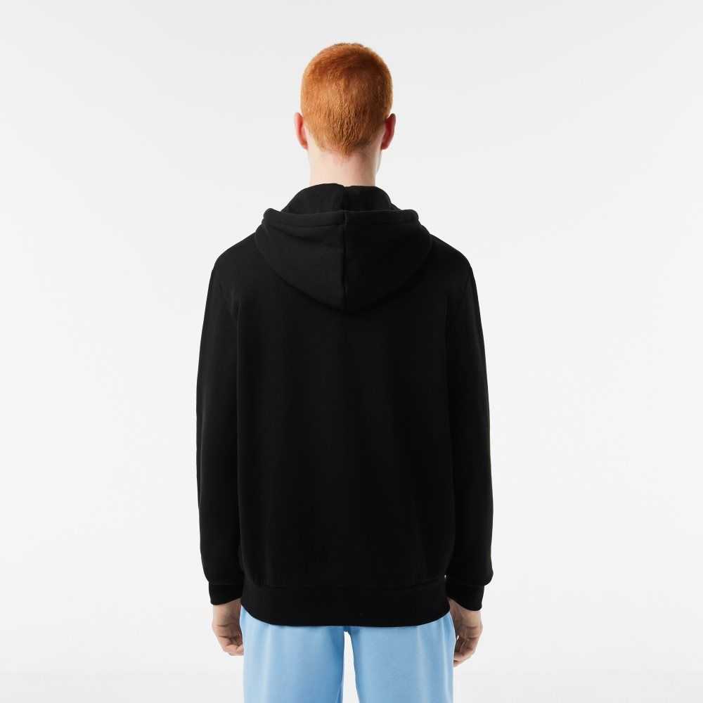 Black Lacoste Kangaroo Pocket Fleece Zipped Sweatshirt | LSQTFB-019