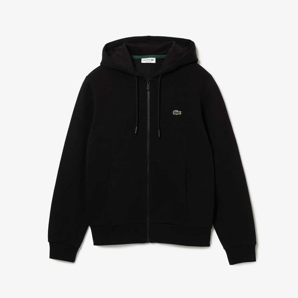 Black Lacoste Kangaroo Pocket Fleece Zipped Sweatshirt | LSQTFB-019