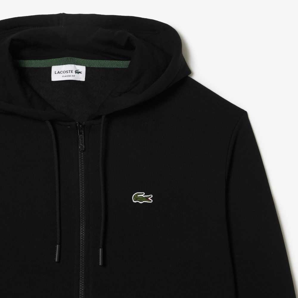 Black Lacoste Kangaroo Pocket Fleece Zipped Sweatshirt | LSQTFB-019