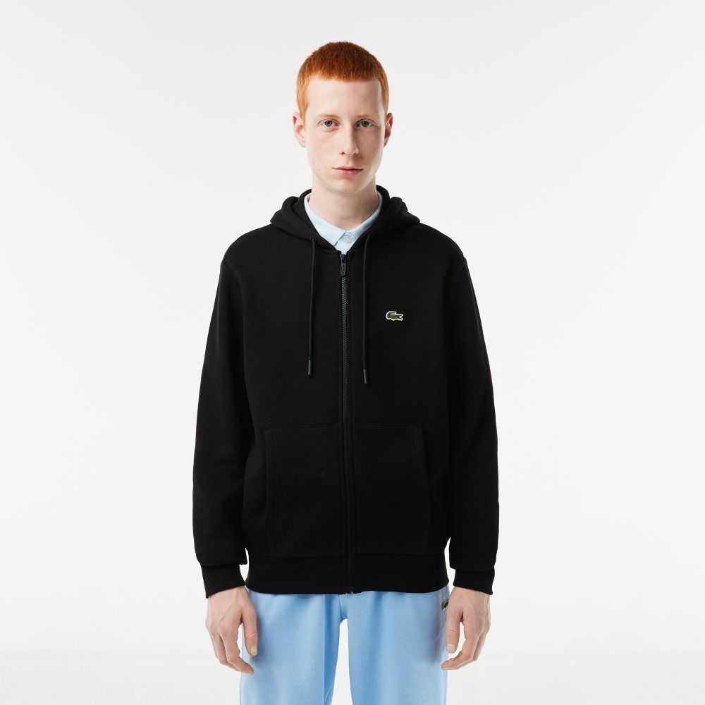 Black Lacoste Kangaroo Pocket Fleece Zipped Sweatshirt | LSQTFB-019