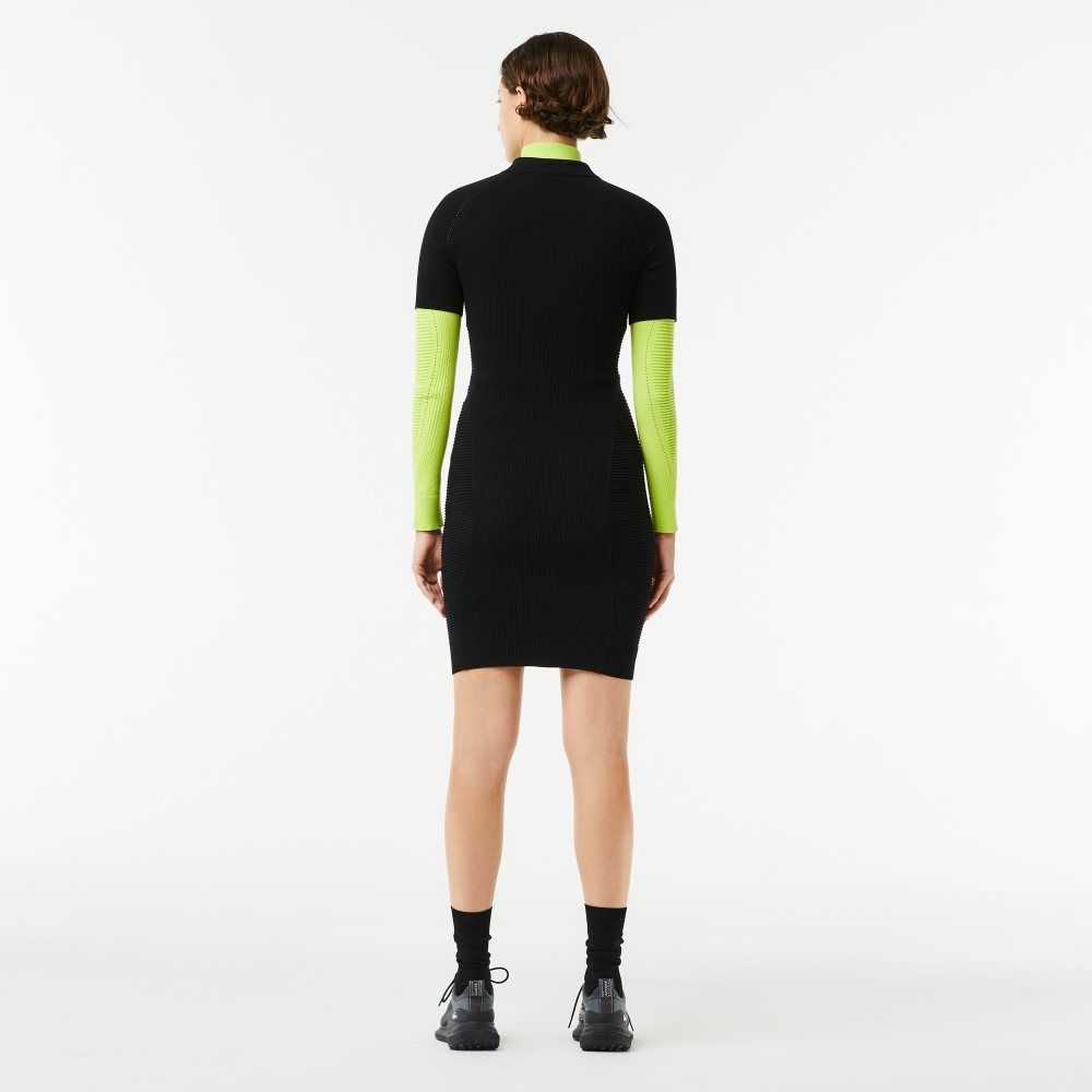 Black Lacoste Knit Details Front Zip Dress | HKUZQN-523