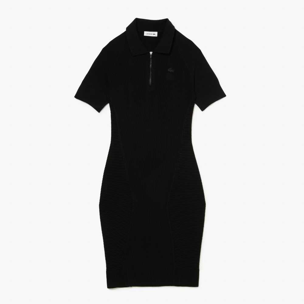 Black Lacoste Knit Details Front Zip Dress | HKUZQN-523