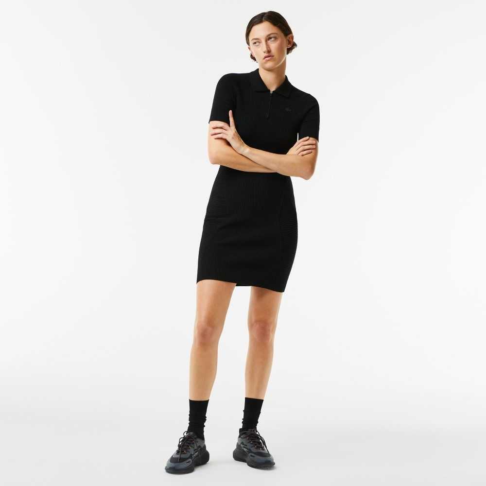 Black Lacoste Knit Details Front Zip Dress | HKUZQN-523