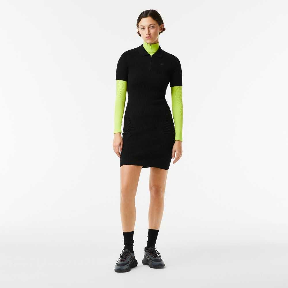 Black Lacoste Knit Details Front Zip Dress | HKUZQN-523