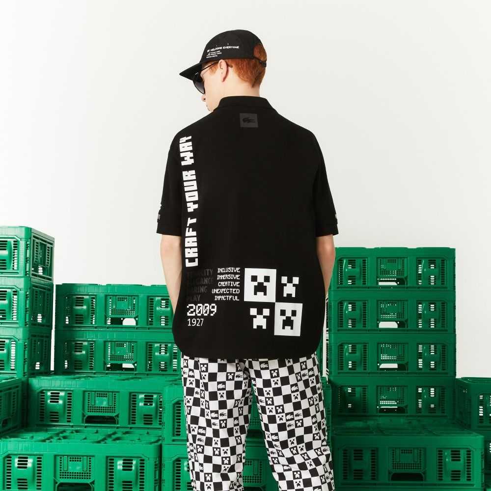 Black Lacoste LIVE x Minecraft Loose Fit Organic Cotton Polo | JEUSCQ-936