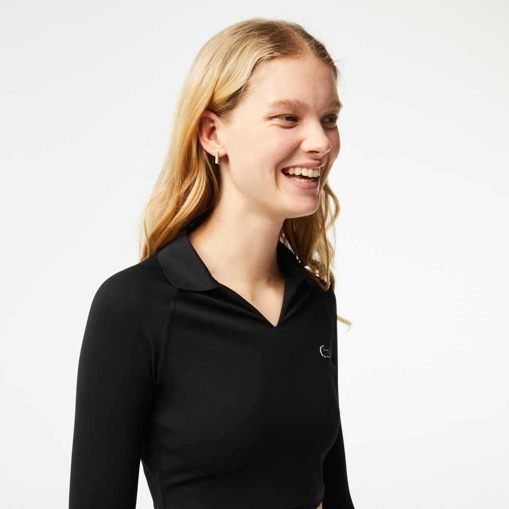 Black Lacoste Long Sleeve Recycled Polyamide Short Polo Shirt | VKZGLN-039