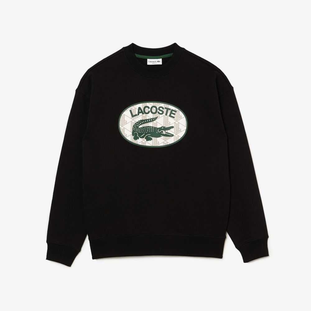 Black Lacoste Loose Fit Branded Monogram Print Sweatshirt | ODTPIW-380