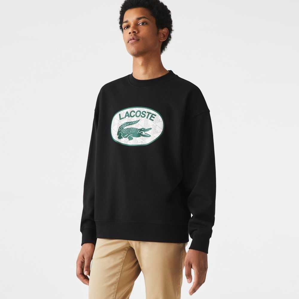 Black Lacoste Loose Fit Branded Monogram Print Sweatshirt | ODTPIW-380