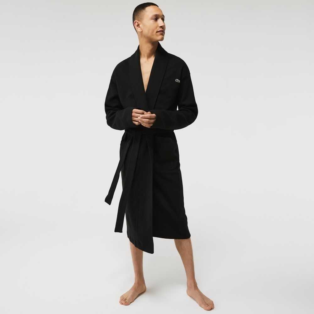 Black Lacoste Loose Fit Long Textured Cotton Knit Bathrobe | HWCADS-208