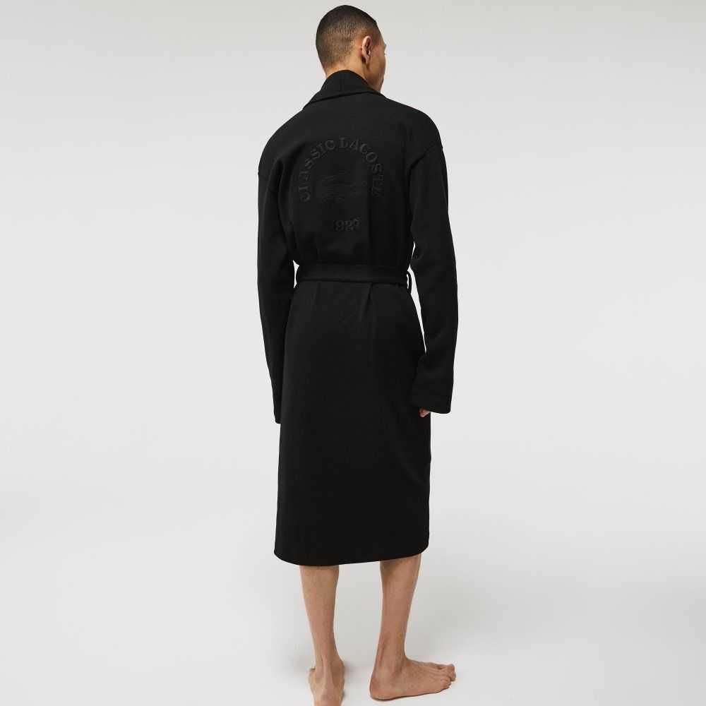 Black Lacoste Loose Fit Long Textured Cotton Knit Bathrobe | HWCADS-208