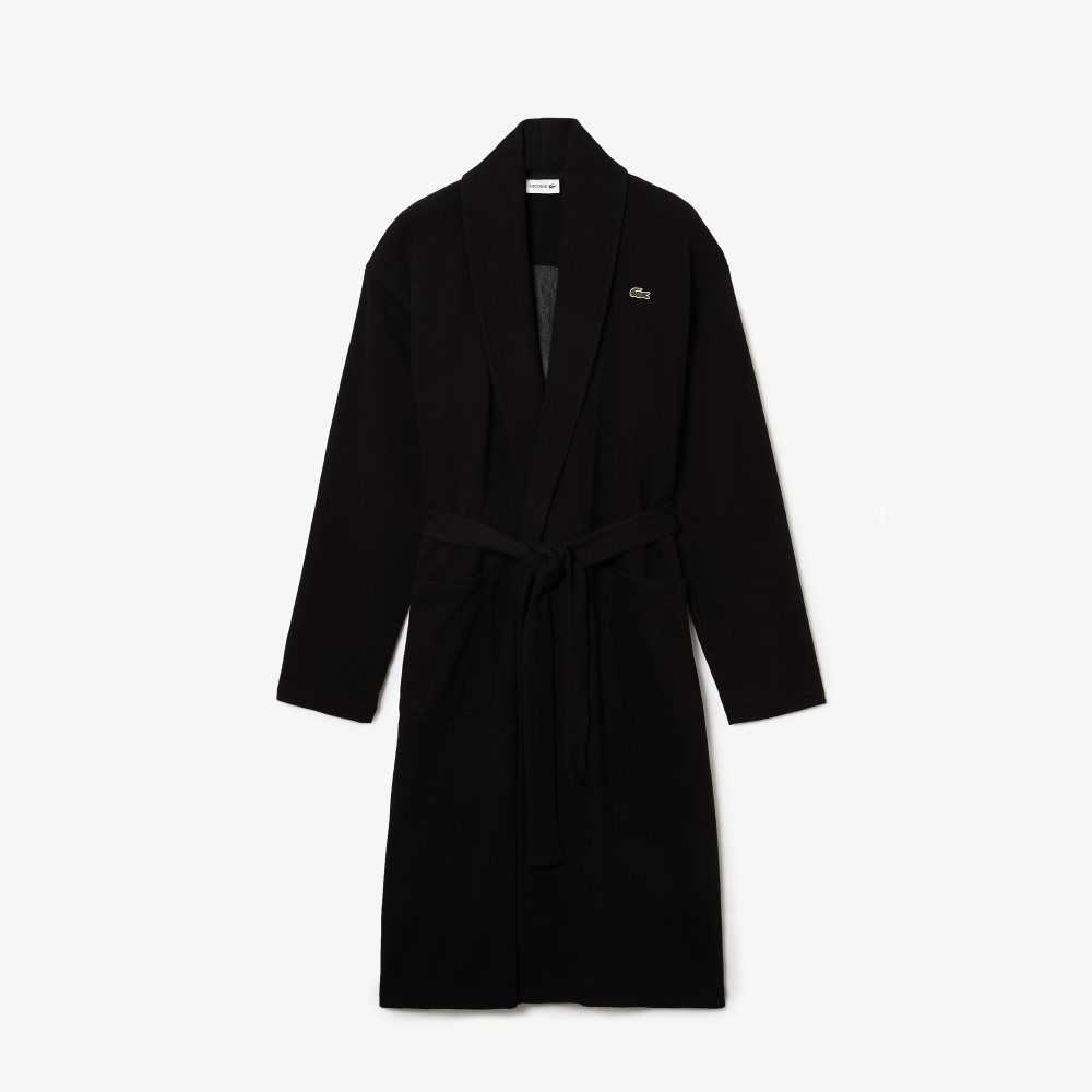 Black Lacoste Loose Fit Long Textured Cotton Knit Bathrobe | HWCADS-208