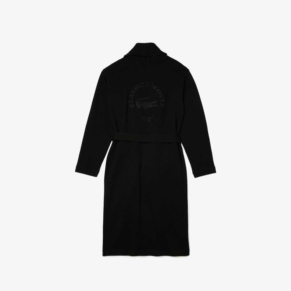 Black Lacoste Loose Fit Long Textured Cotton Knit Bathrobe | HWCADS-208