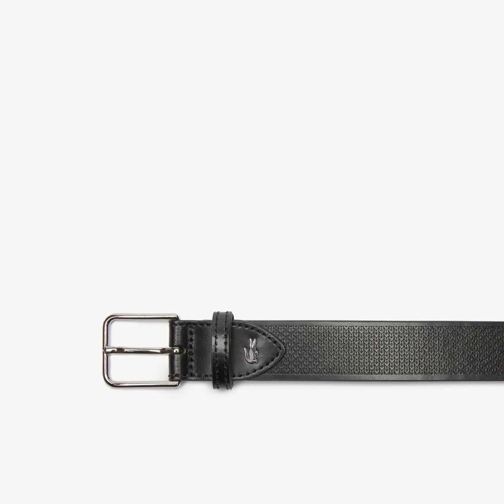 Black Lacoste Metal Crocodile Stitched Leather Belt | TAUEKI-689