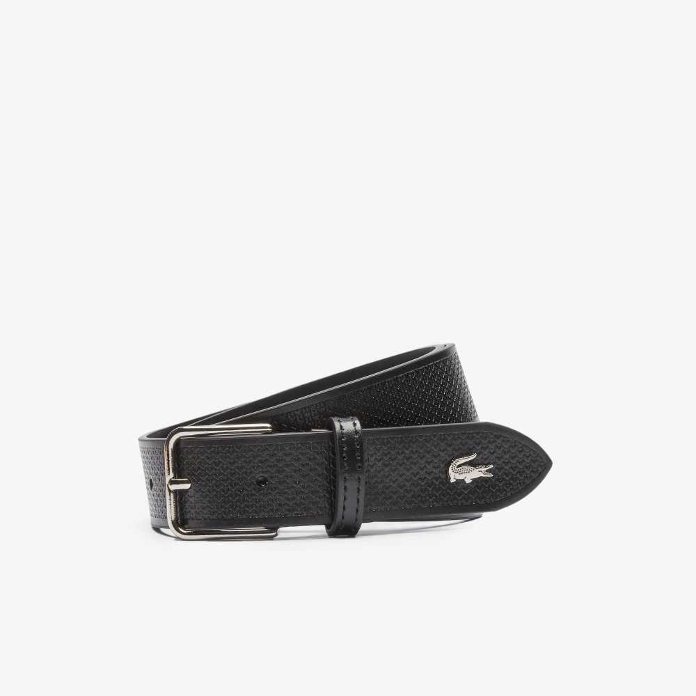 Black Lacoste Metal Crocodile Stitched Leather Belt | TAUEKI-689