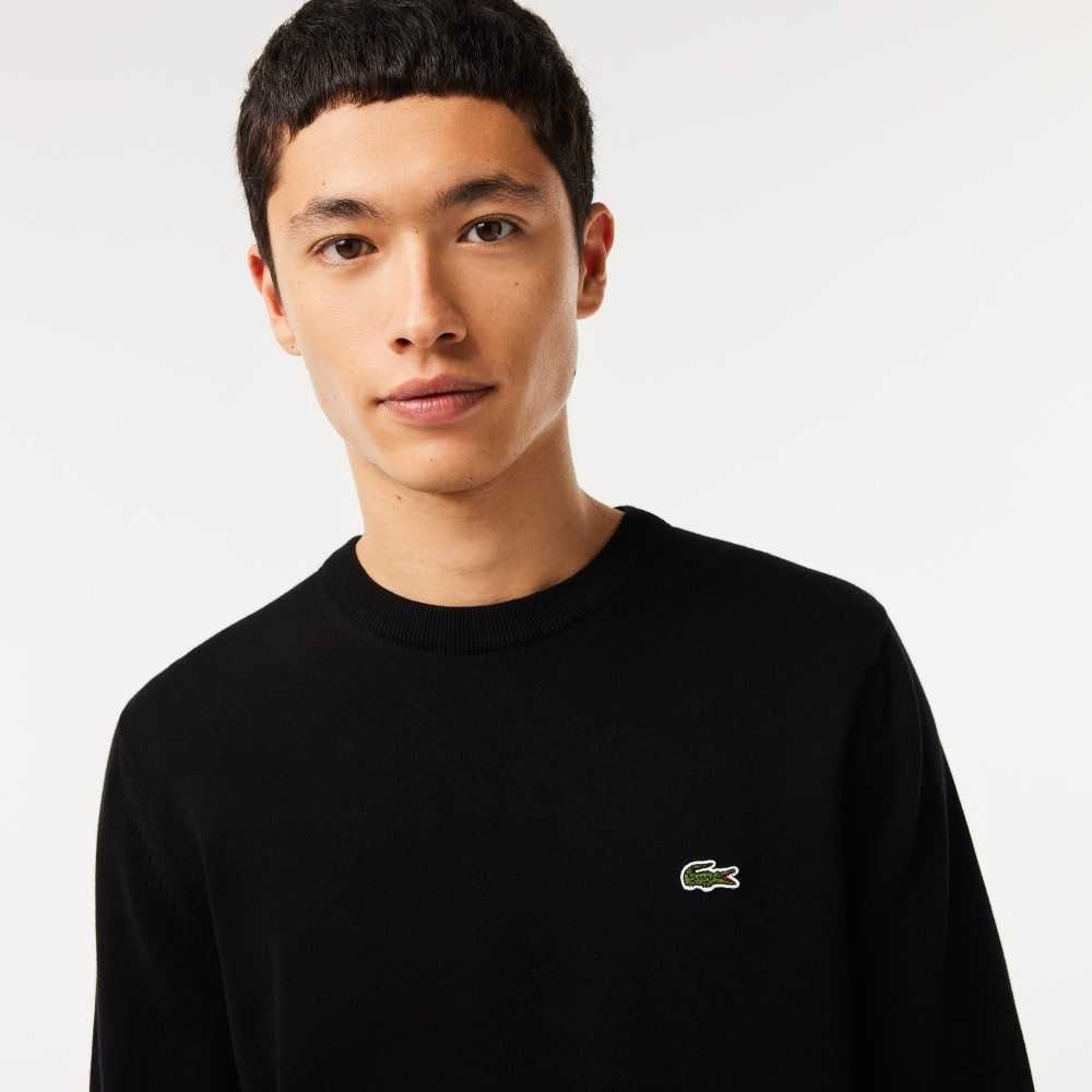 Black Lacoste Organic Cotton Crew Neck Sweater | VZFEYP-917