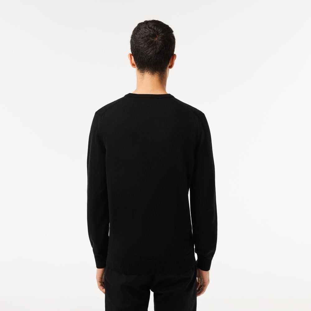 Black Lacoste Organic Cotton Crew Neck Sweater | VZFEYP-917