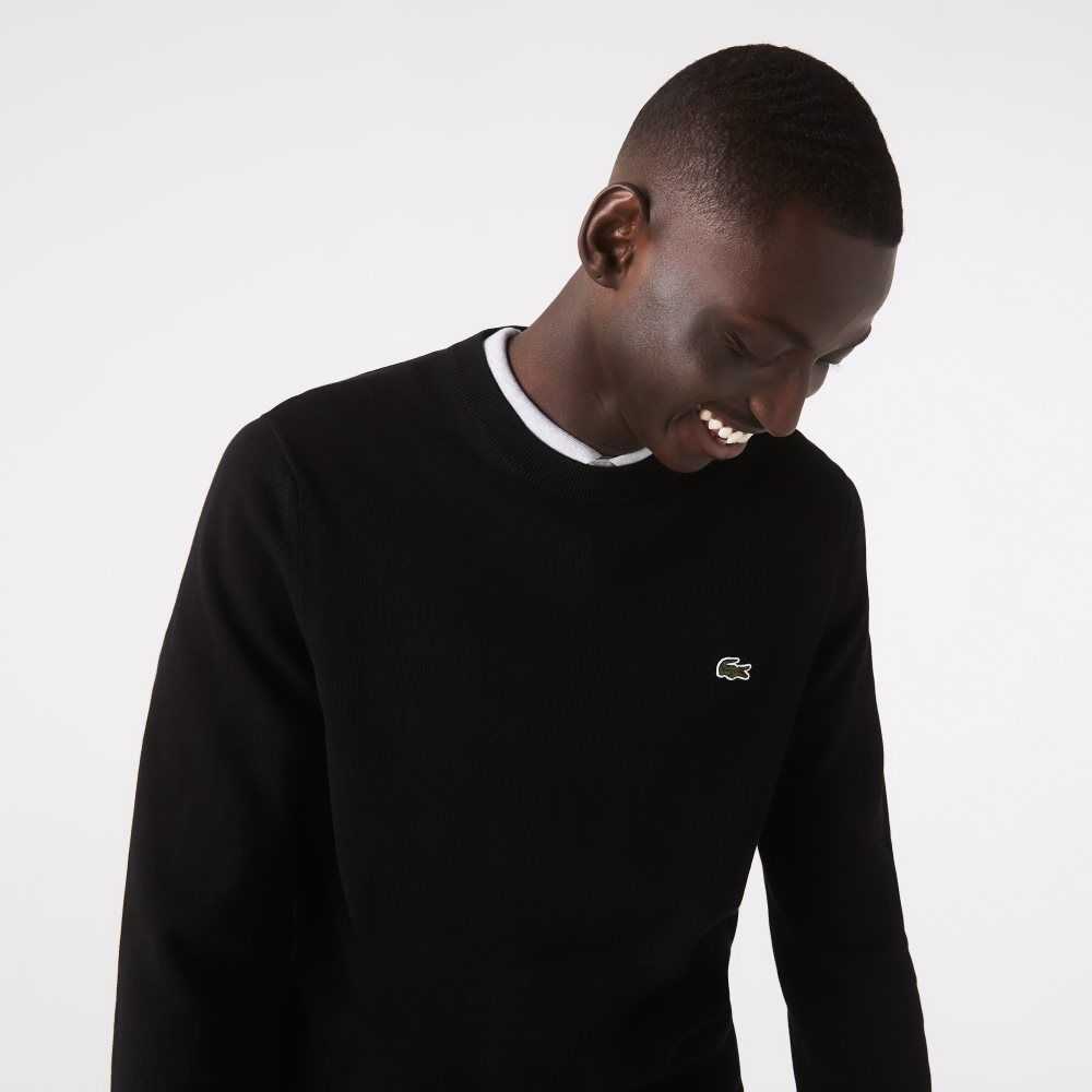 Black Lacoste Organic Cotton Crew Neck Sweater | VZFEYP-917