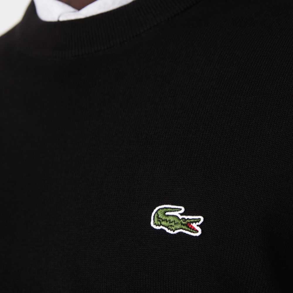 Black Lacoste Organic Cotton Crew Neck Sweater | VZFEYP-917