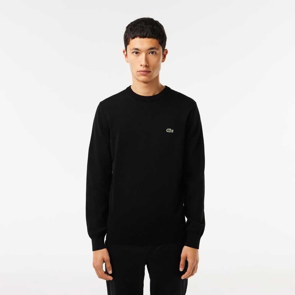 Black Lacoste Organic Cotton Crew Neck Sweater | VZFEYP-917