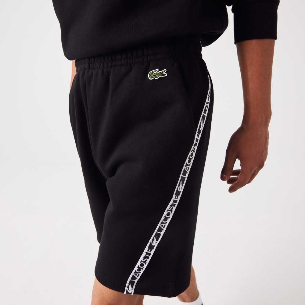 Black Lacoste Printed Bands Brushed Fleece Shorts | ICHUEL-653