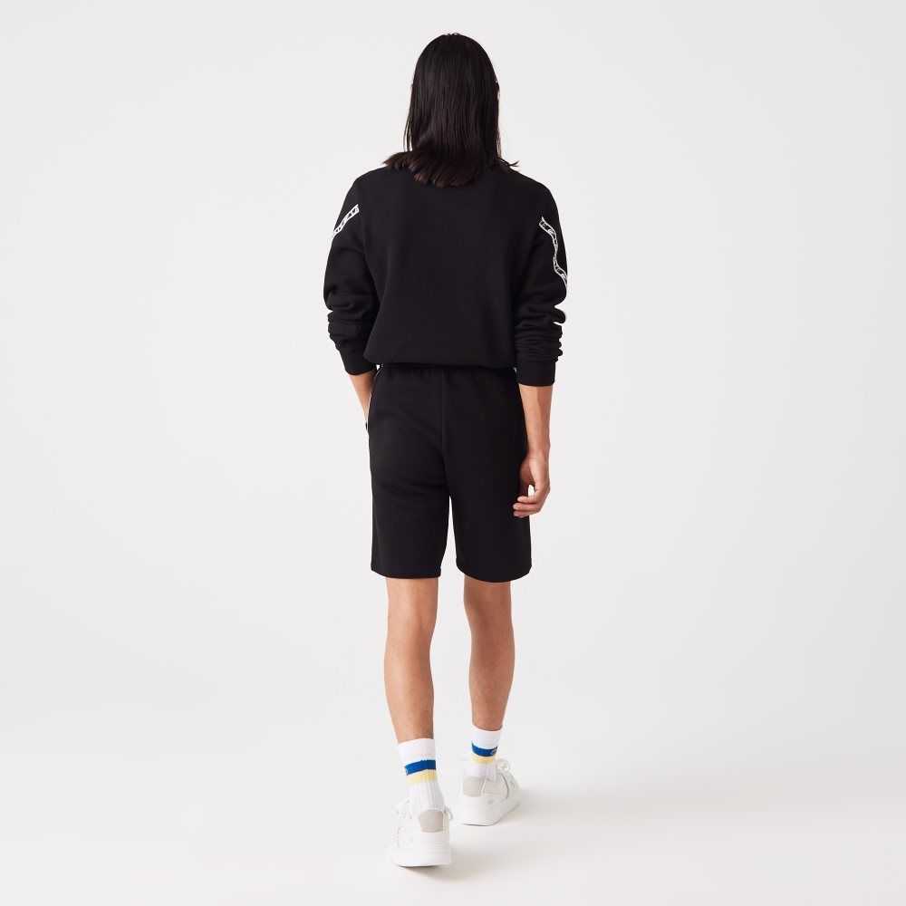 Black Lacoste Printed Bands Brushed Fleece Shorts | ICHUEL-653