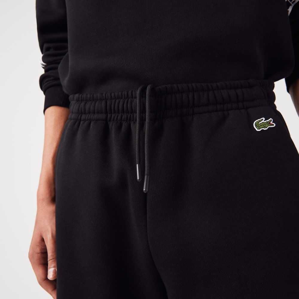 Black Lacoste Printed Bands Brushed Fleece Shorts | ICHUEL-653