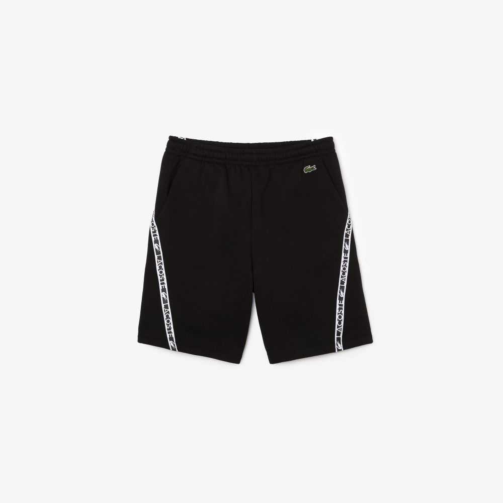 Black Lacoste Printed Bands Brushed Fleece Shorts | ICHUEL-653