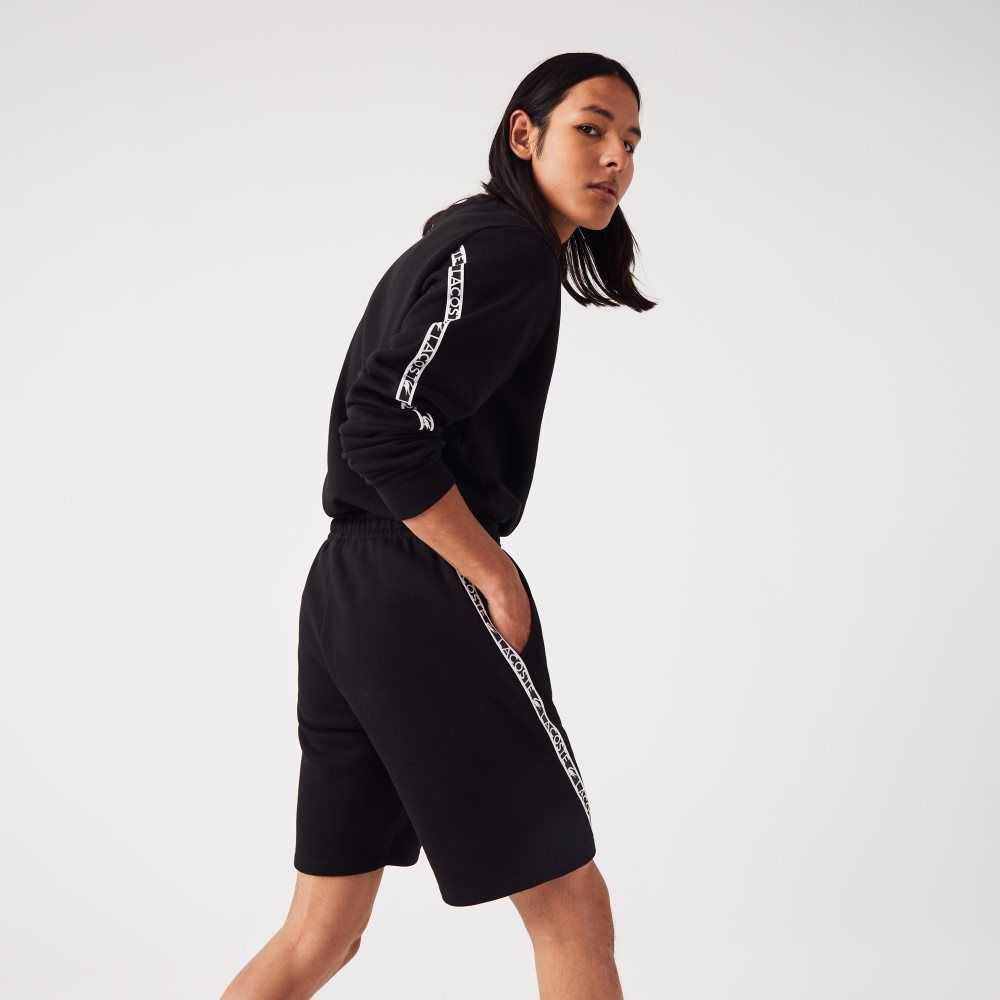 Black Lacoste Printed Bands Brushed Fleece Shorts | ICHUEL-653