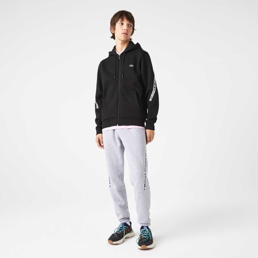 Black Lacoste Printed Bands Hooded Zip Sweatshirt | XVJZOW-596