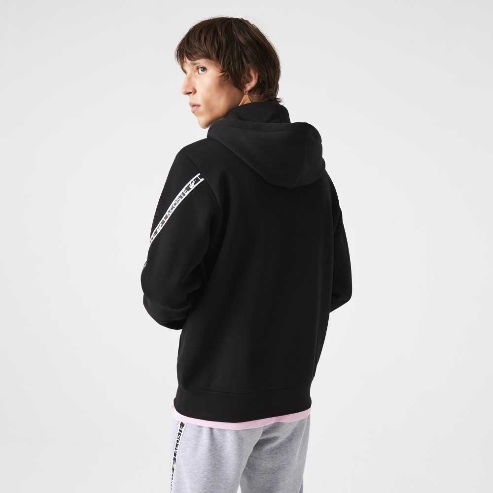 Black Lacoste Printed Bands Hooded Zip Sweatshirt | XVJZOW-596