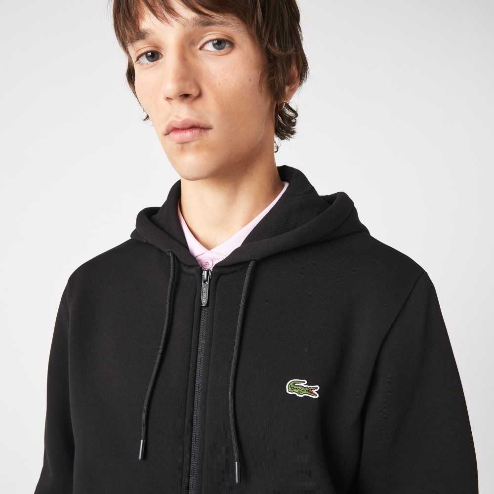 Black Lacoste Printed Bands Hooded Zip Sweatshirt | XVJZOW-596