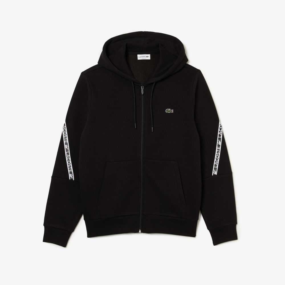 Black Lacoste Printed Bands Hooded Zip Sweatshirt | XVJZOW-596