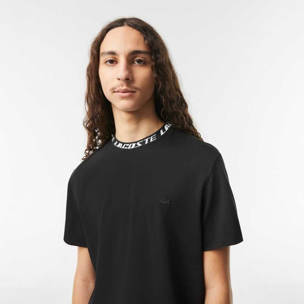 Black Lacoste Regular Fit Branded Collar T-Shirt | XCGRDA-810