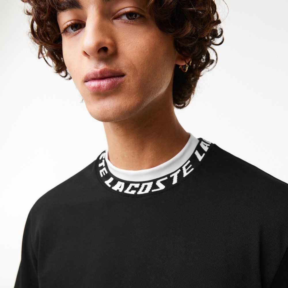 Black Lacoste Regular Fit Branded Collar T-Shirt | XCGRDA-810