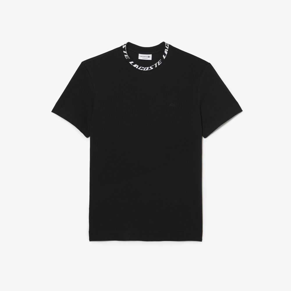 Black Lacoste Regular Fit Branded Collar T-Shirt | XCGRDA-810