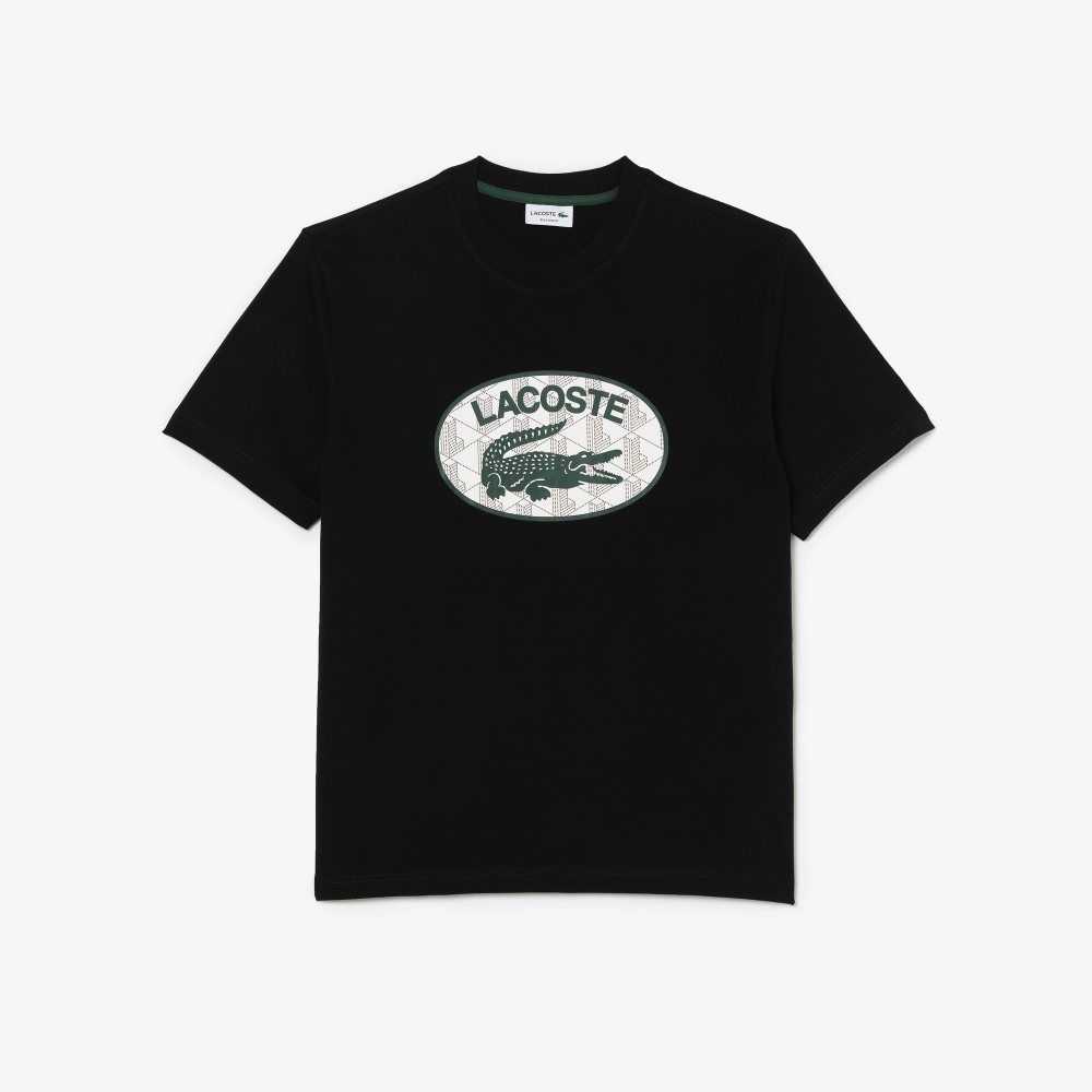 Black Lacoste Regular Fit Branded Monogram Print T-Shirt | QZPIRL-964