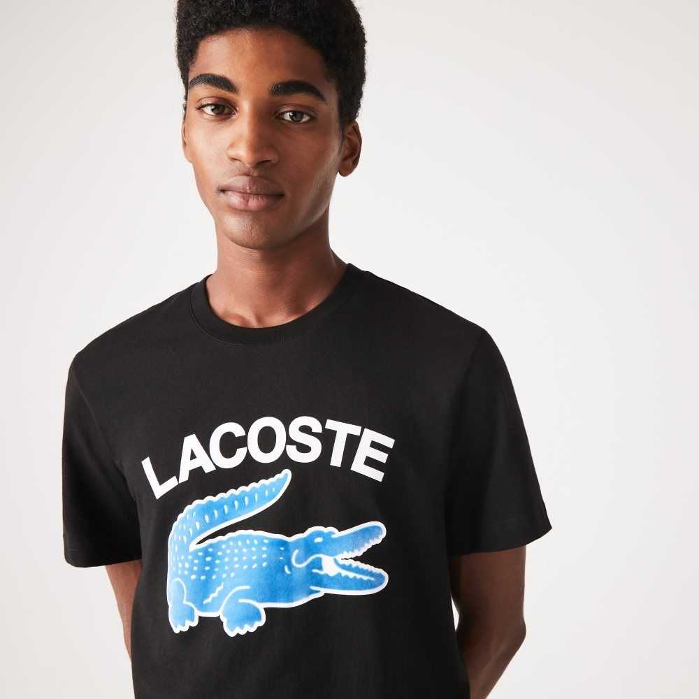 Black Lacoste Regular Fit XL Crocodile Print T-Shirt | LAISEV-482