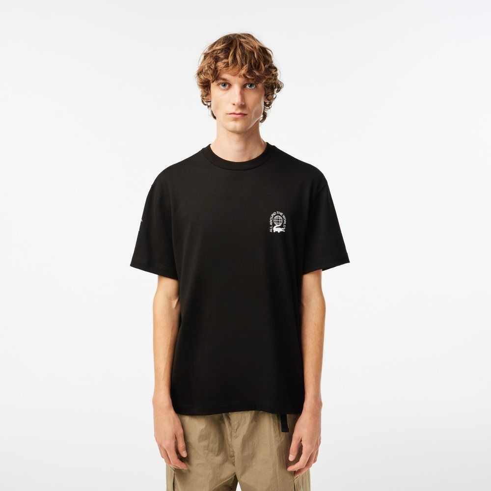 Black Lacoste Relaxed Fit Organic Cotton Jersey T-Shirt | HELNFC-638