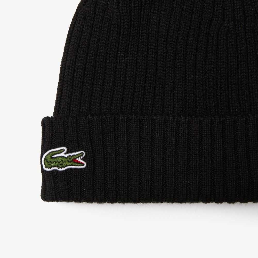 Black Lacoste Ribbed Wool Beanie | QXZCAB-032