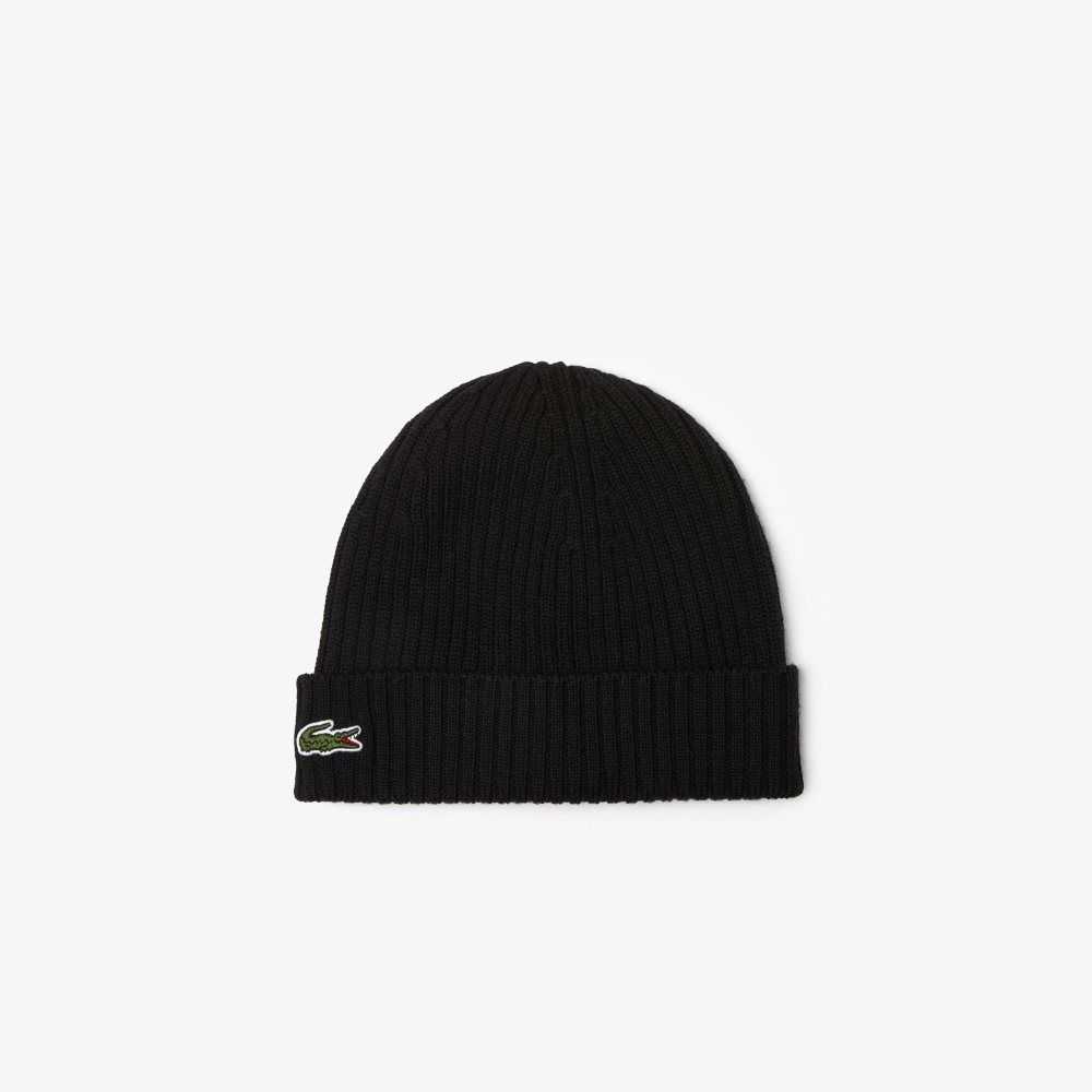 Black Lacoste Ribbed Wool Beanie | QXZCAB-032