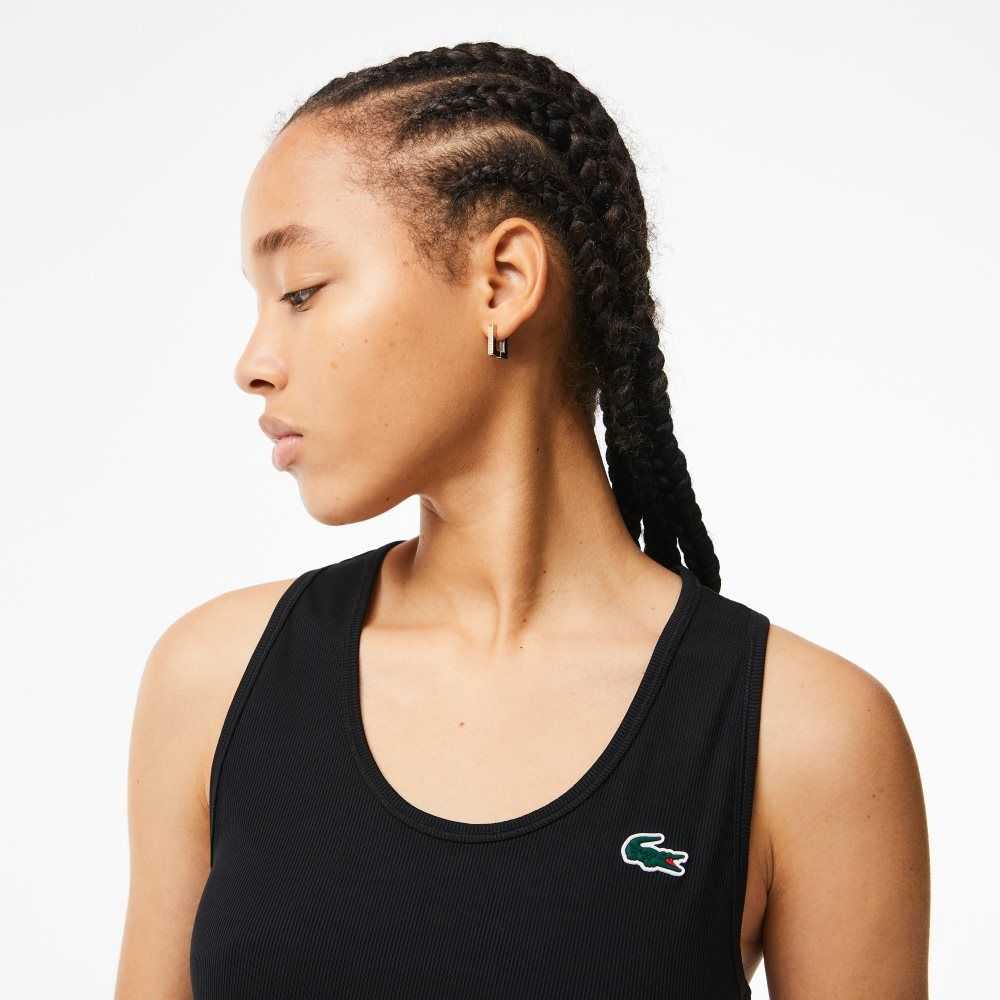 Black Lacoste SPORT Slim Fit Ribbed Tank Top | MWZFIN-419