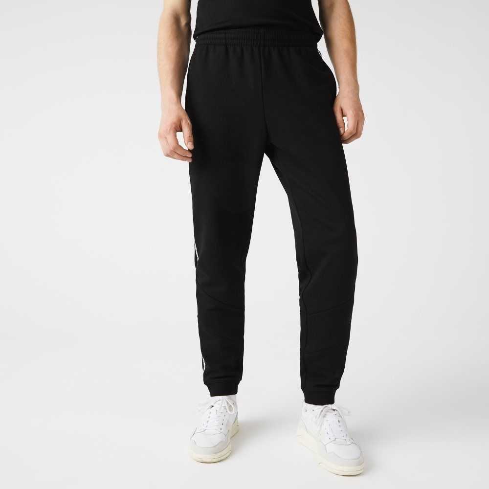 Black Lacoste Signature Striped Colorblock Fleece Jogging Pants | GJHOLK-013