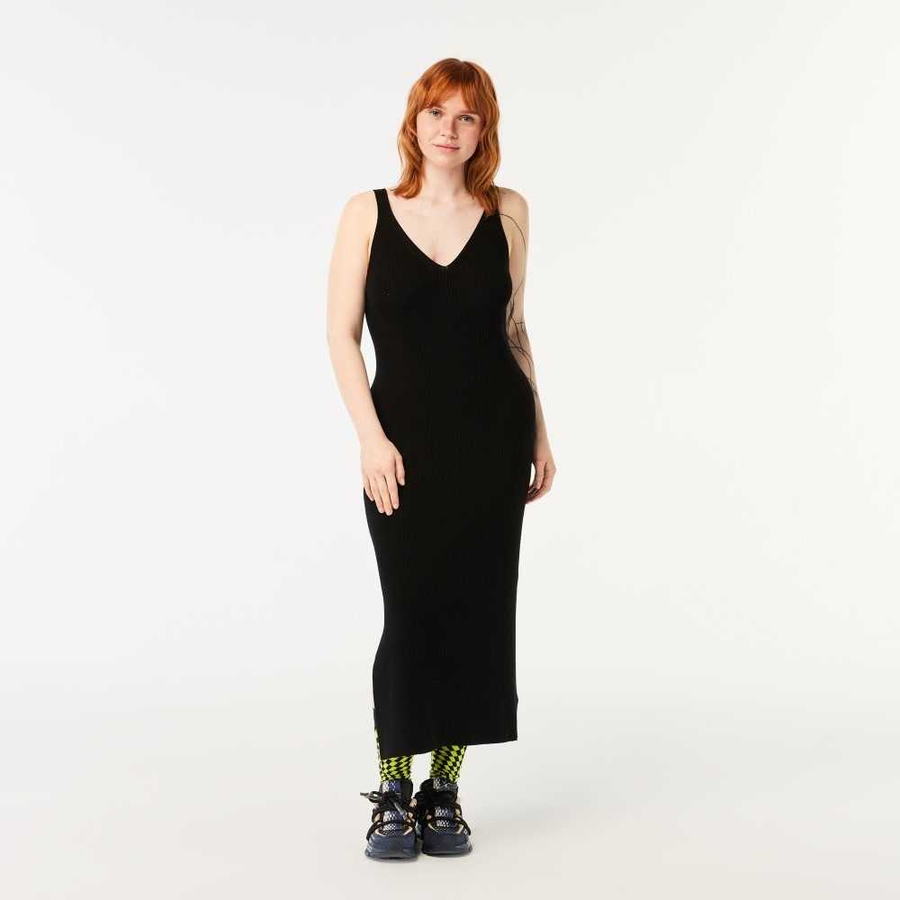 Black Lacoste Sleeveless Knit Midi Dress | BOEVWS-175