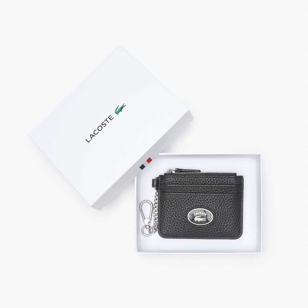 Black Lacoste Snap Hook Grained Leather Card Holder | VDETZM-438