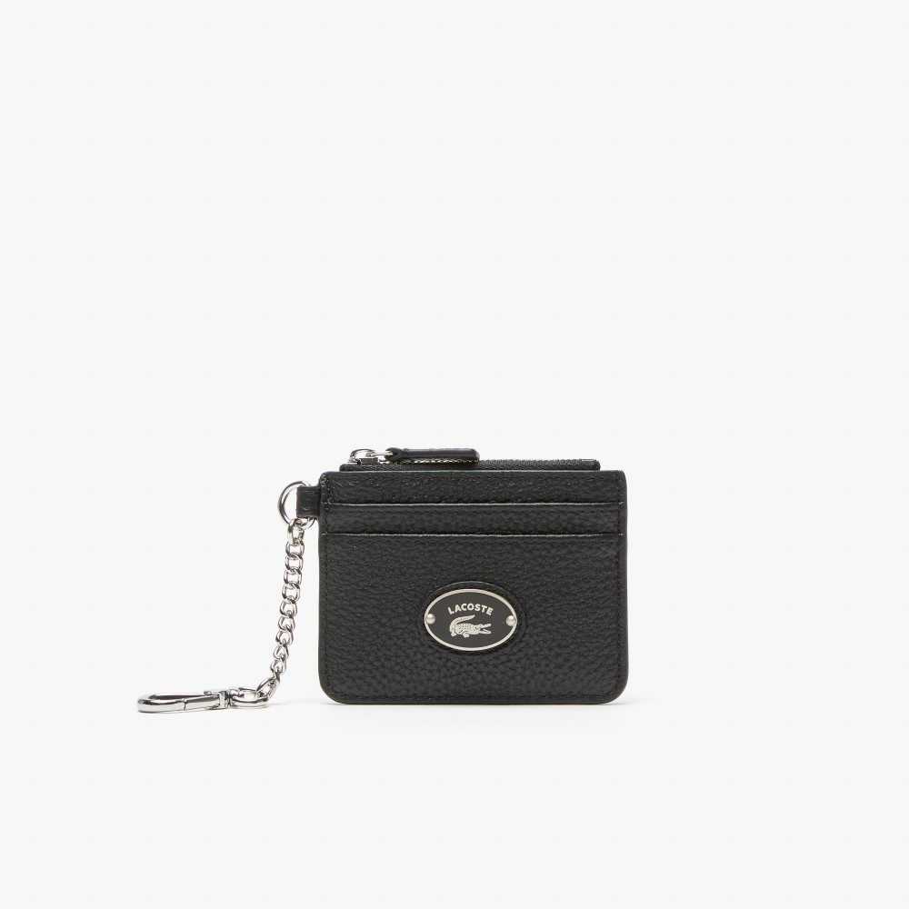 Black Lacoste Snap Hook Grained Leather Card Holder | VDETZM-438