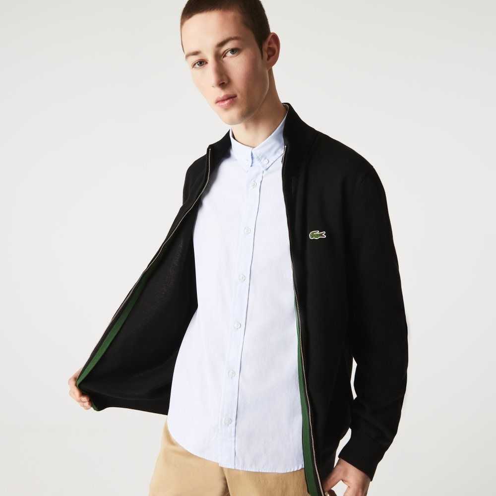 Black Lacoste Stand-Up Collar Organic Cotton Zippered Sweater | YGVDJC-063