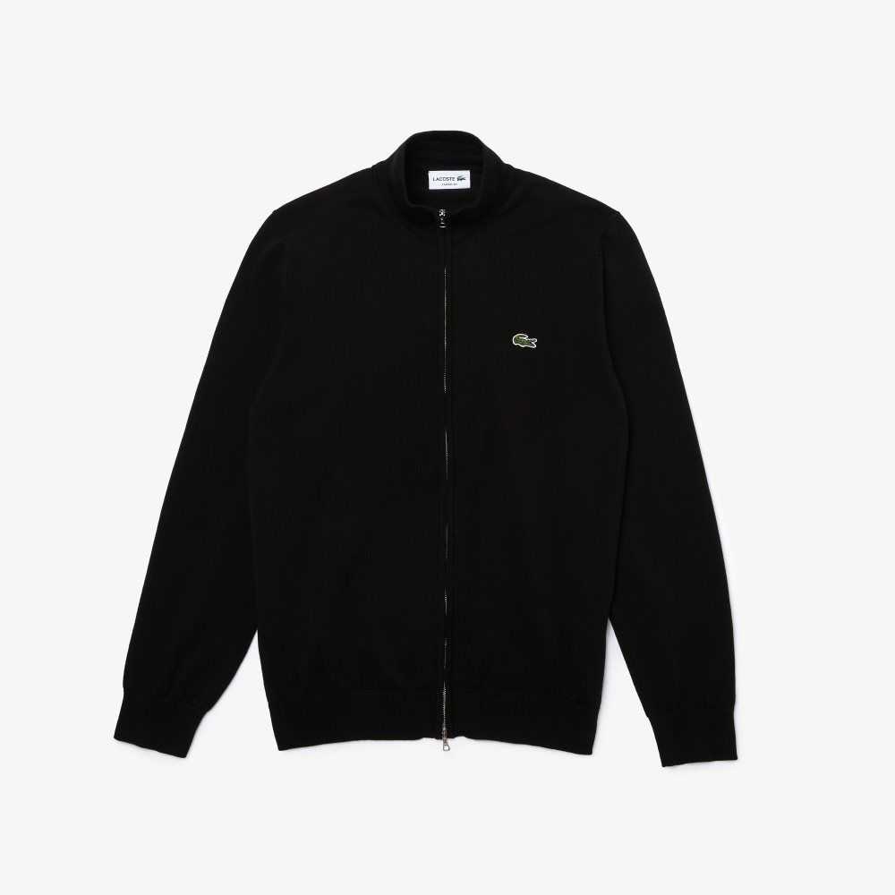 Black Lacoste Stand-Up Collar Organic Cotton Zippered Sweater | YGVDJC-063