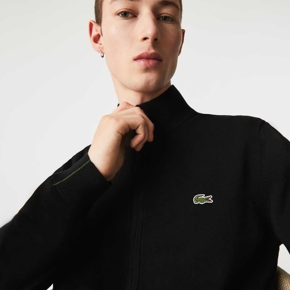 Black Lacoste Stand-Up Collar Organic Cotton Zippered Sweater | YGVDJC-063