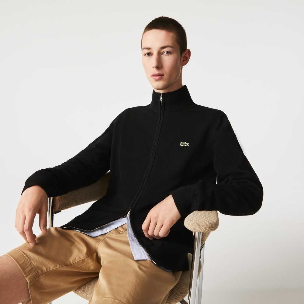 Black Lacoste Stand-Up Collar Organic Cotton Zippered Sweater | YGVDJC-063